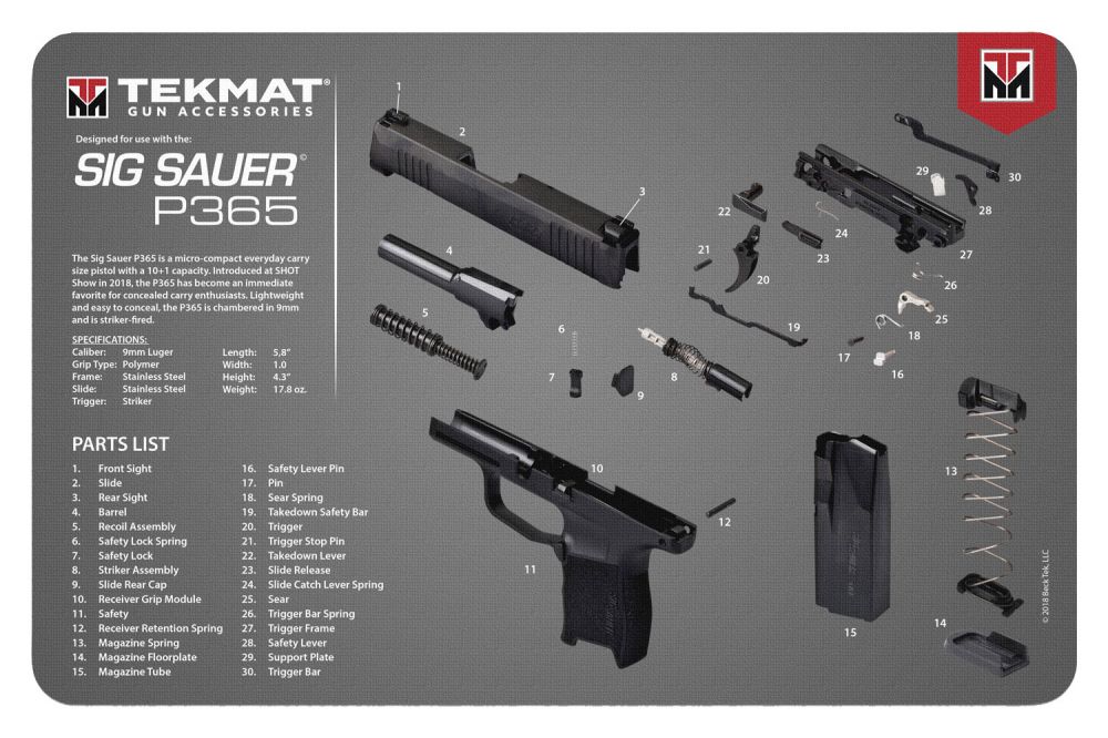 TekMat Original Cleaning Mat Sig P365 Parts Diagram 11" x 17"