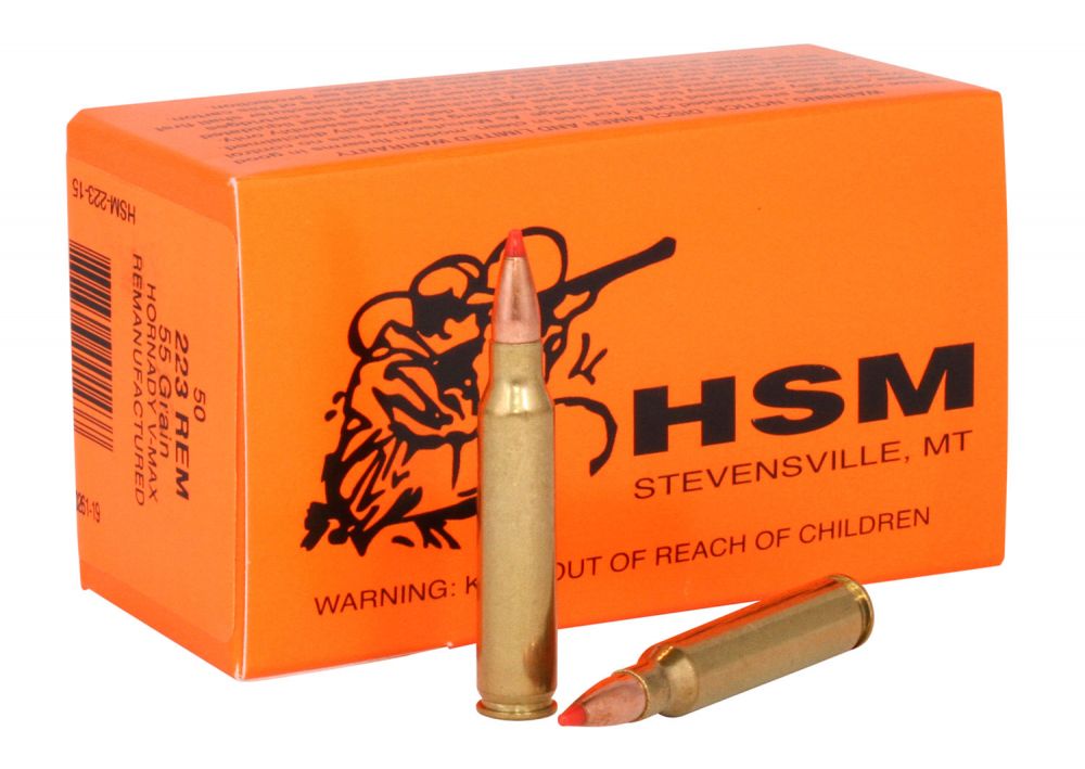 HSM Varmint V-Max 223 Remington Ammo 55 gr 50 Round Box - Brass Casing