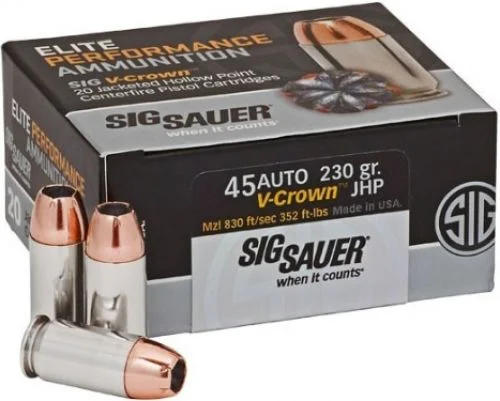 Sig Sauer Elite V-Crown Jacketed Hollow Point 45 ACP Ammo 50 Round Box - Nickel Plated Brass Casing