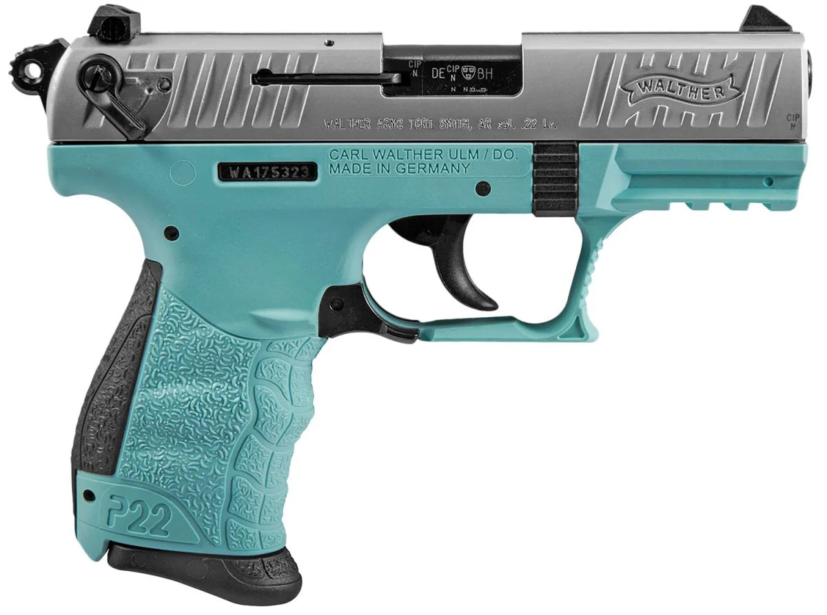 Walther Arms P22 Angel Blue/Stainless 22 Long Rifle Pistol - 10+1 Rounds | 3.4" Barrel | Polymer Grips | Stainless/Silver | 3-Dot Sights