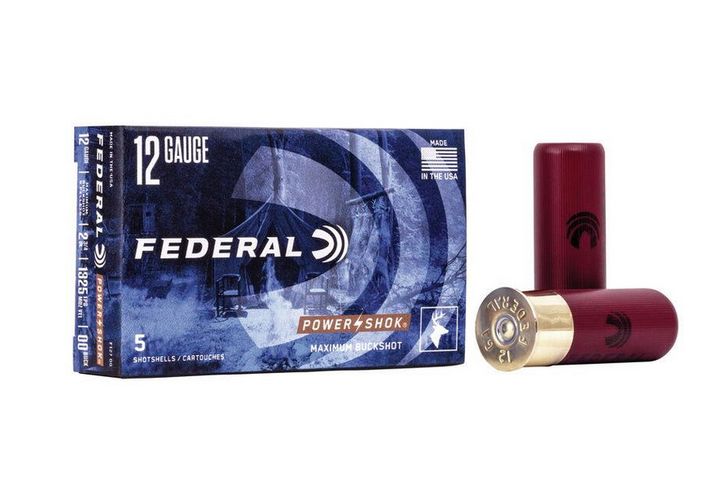 Federal Standard Power-Shok Buckshot 12 Gauge Ammo 9 Pellet #00 5 Round Box - Brass Casing