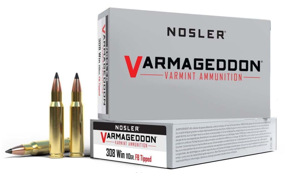 Nosler Varmageddon Flat Base Tipped 308 Winchester Ammo 20 Round Box - Brass Casing