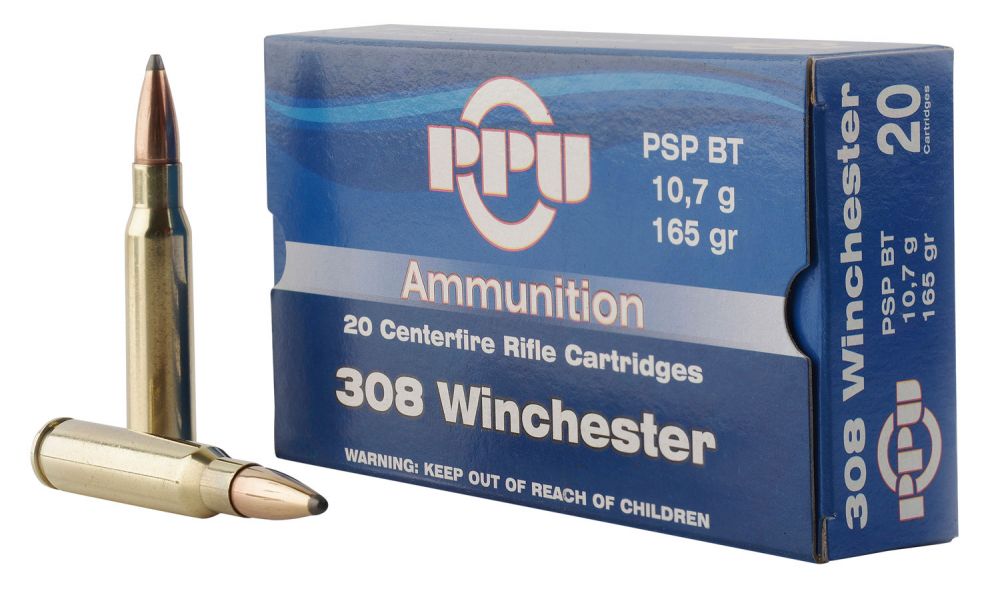 PPU Standard Rifle .308 Winchester 165gr Pointed Soft Point Boat-Tail20rd box - Brass Casing