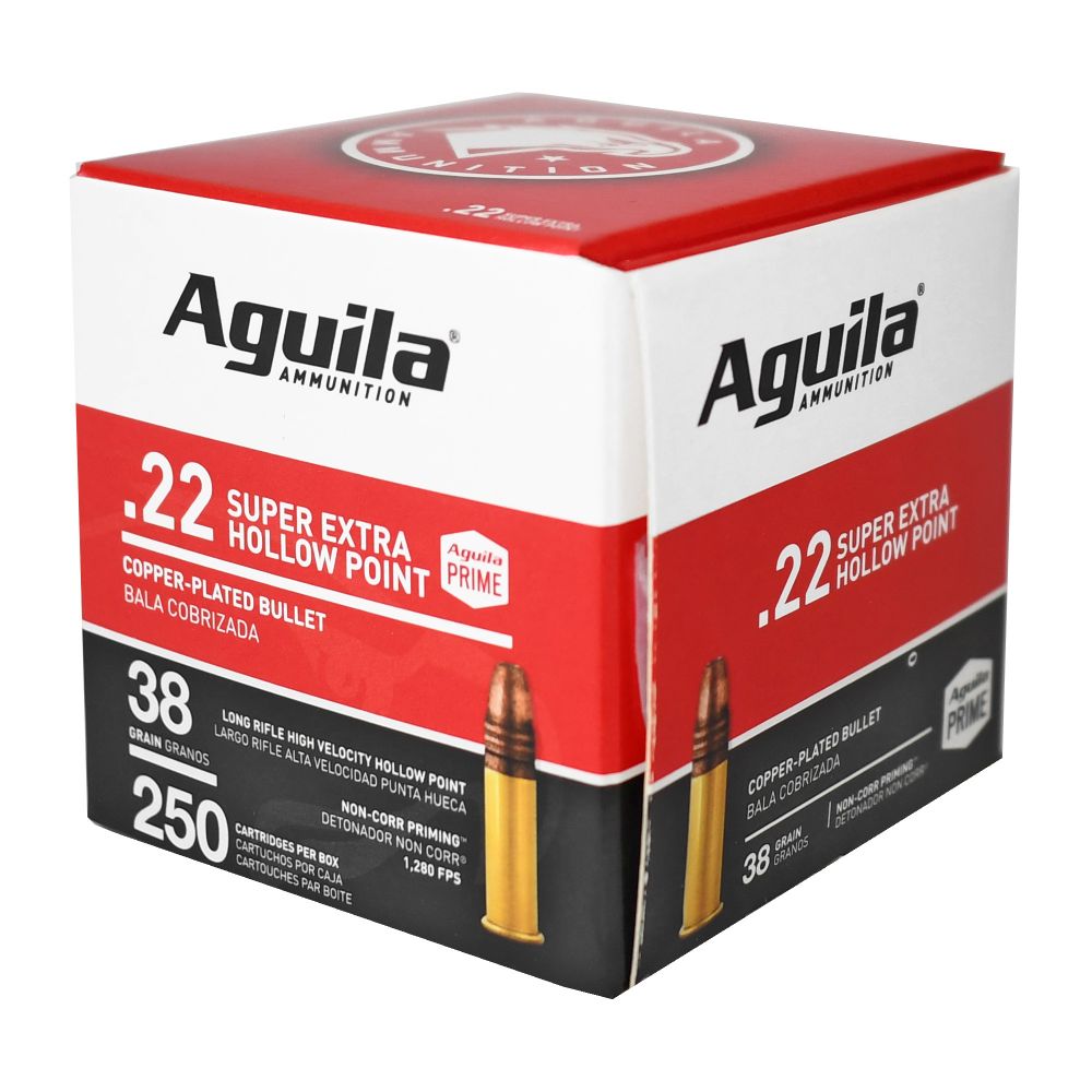 Aguila Super Extra High Velocity .22 LR 38 gr Copper Plated Hollow Point250rd box - Brass Casing