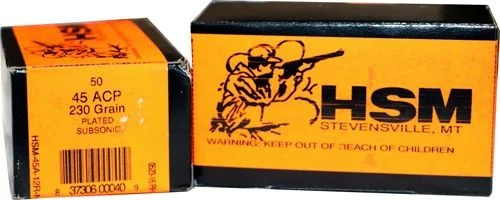 HSM Lead Round Nose 45 ACP Ammo 230 gr 50 Round Box Subsonic - Brass Casing