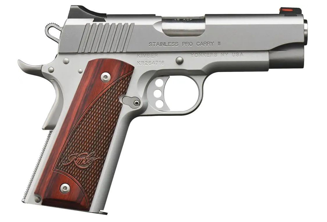 Kimber Stainless Steel Pro Carry II .45 ACP 4" 7+1 - 7+1 Rounds | 4" Barrel | Wood Grips | Stainless/Silver | 3-Dot Sights