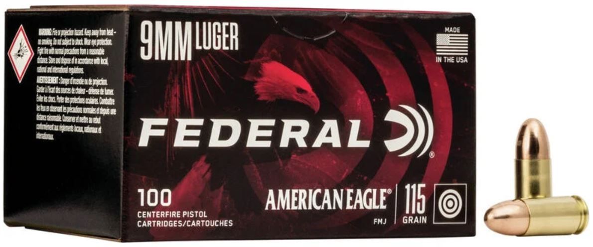 Federal American Eagle Full Metal Jacket 9mm Ammo 100 Round Box - Brass Casing