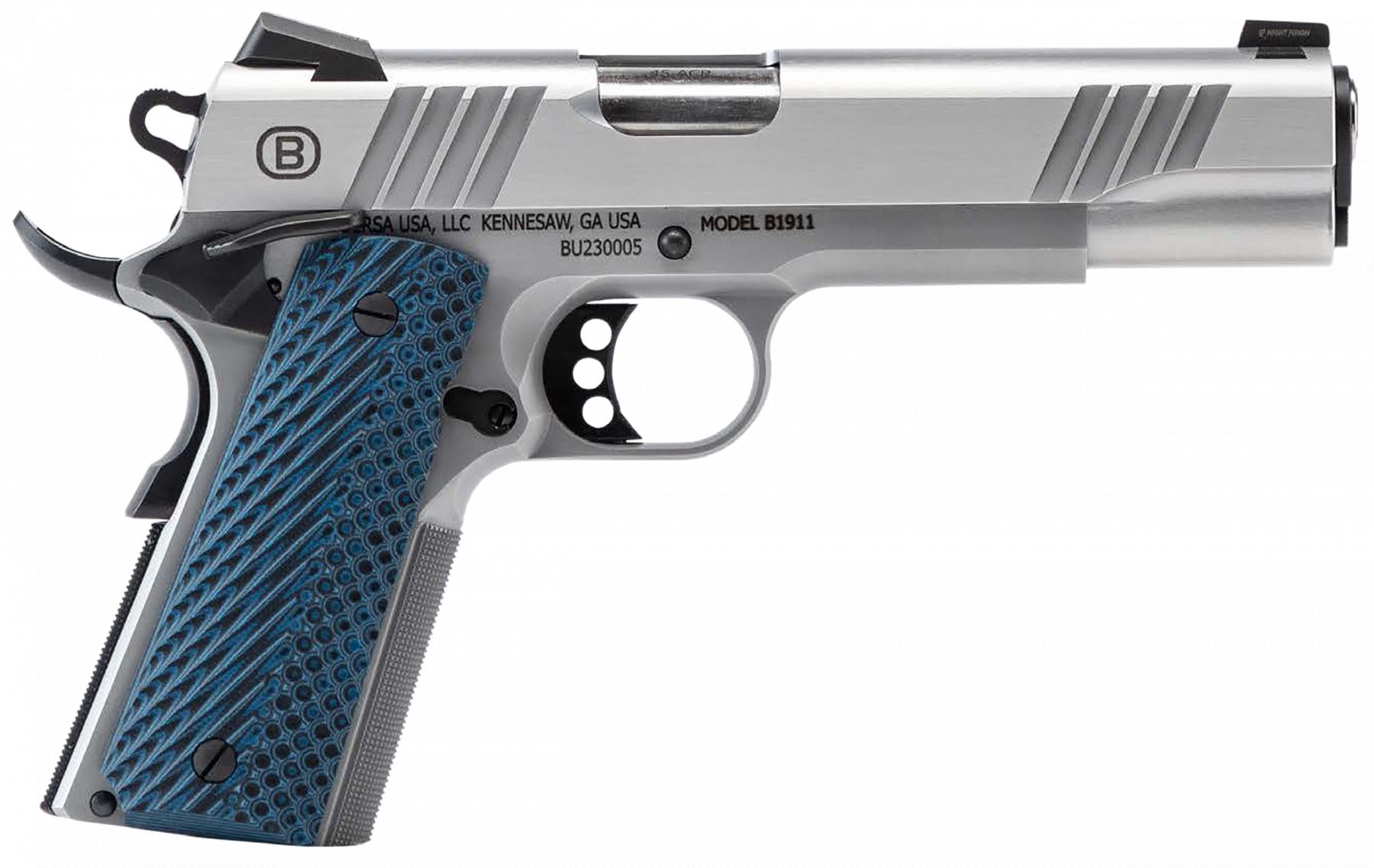 BERSA B1911 .45 ACP Semi Auto Pistol - 8+1 Rounds | 5" Barrel | Stainless/Silver | Night Sights