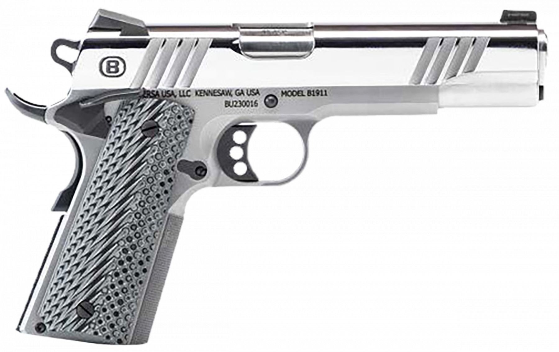 BERSA/TALON ARMAMENT LLC B1911 .45 ACP 8rd Magazine 5" Barrel Polished Stainless Steel with VZ Grips Night Sight - 8 Rounds | 5" Barrel | Stainless/Silver