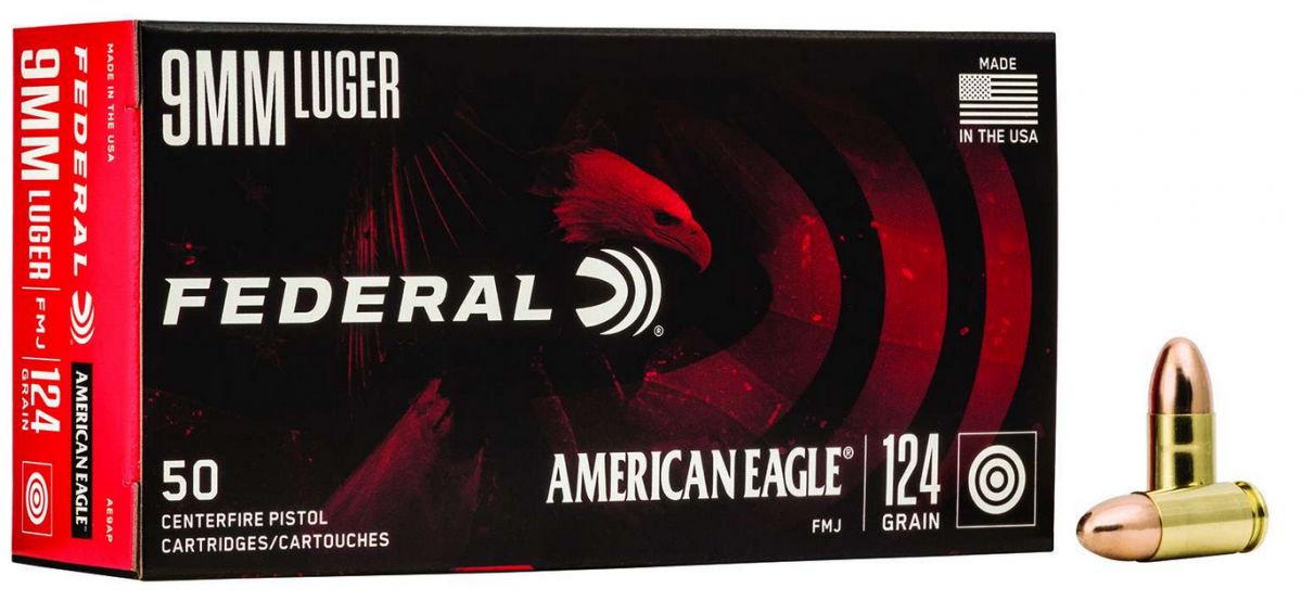 Federal American Eagle Full Metal Jacket 9mm Ammo 124 gr 50 Round Box - Brass Casing