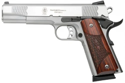 Smith & Wesson 1911 E-Series 45 ACP Semi Auto Pistol - 8+1 Rounds | 5" Barrel | Wood Grips | Stainless/Silver | 3-Dot Sights