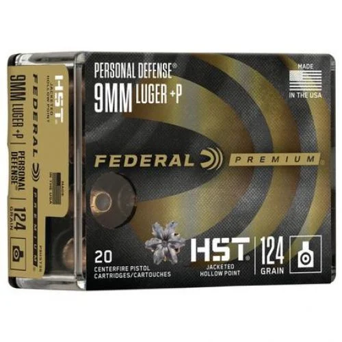 Federal Premium Personal Defense HST Jacketed Hollow Point 9mm +P Ammo 124 gr 20 Round Box - Brass Casing