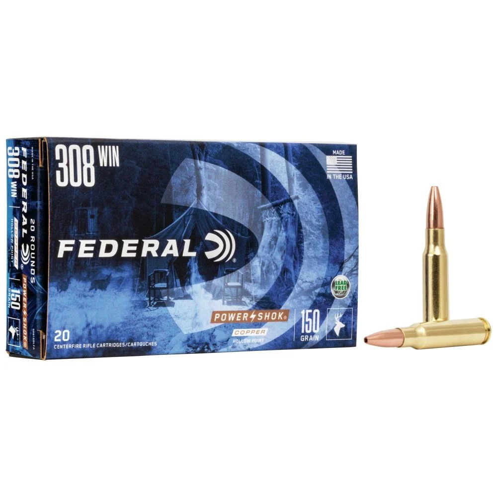 Federal Power-Shok Hollow Point 308 Winchester Ammo 150gr 20 Round Box - Brass Casing
