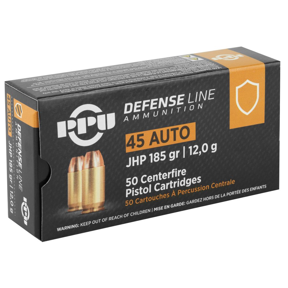 PPU Defense .45 ACP 185 gr Jacketed Hollow Point 50 Bx/ 10 Cs - Brass Casing