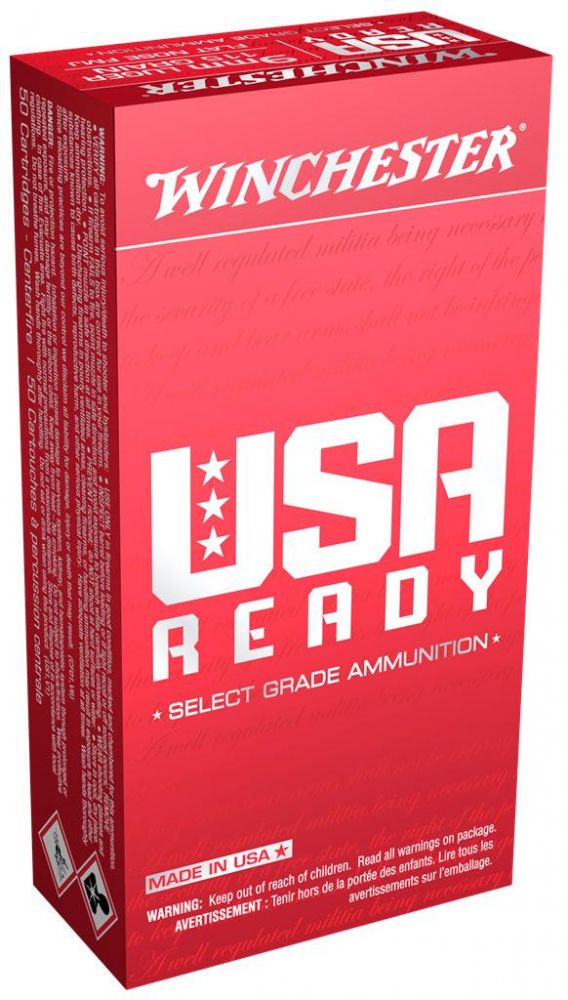 Winchester USA Ready Full Metal Jacket Flat Nose 9mm Ammo 115 gr 50 Round Box - Brass Casing