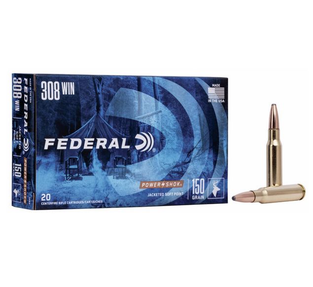 Federal Standard Power-Shok Jacketed Soft Point 308 Winchester Ammo 150 gr 20 Round Box - Brass Casing