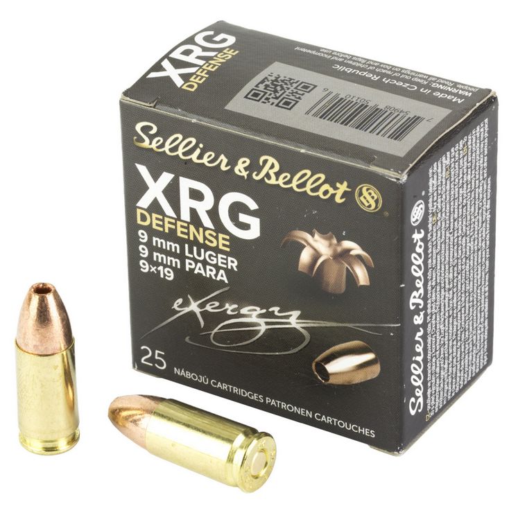 S&B XRG Defense Ammo 9mm 100gr HP25 round box - Brass Casing