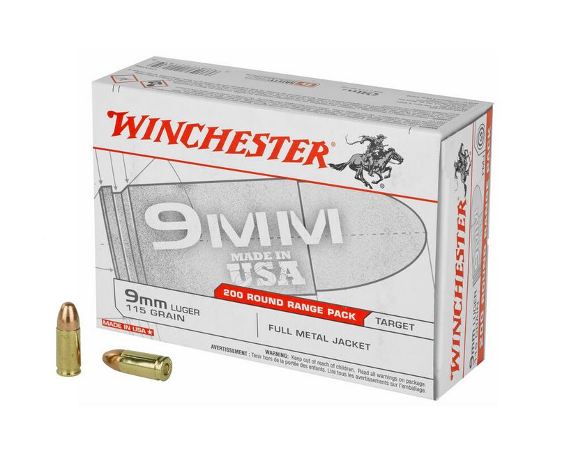 Winchester Full Metal Jacket 9mm Ammo 115 gr 200 Round Box - Brass Casing