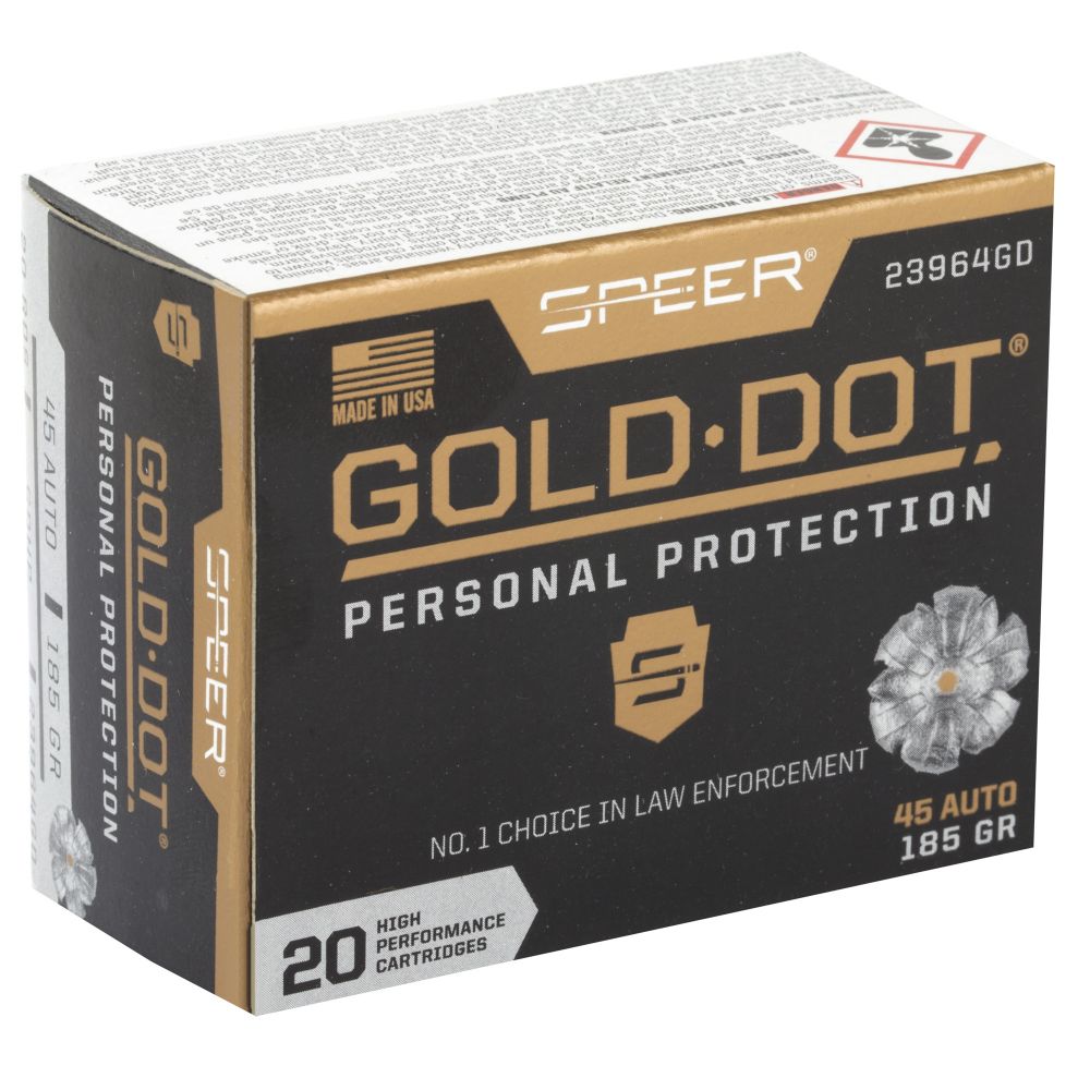 Speer Gold Dot Personal Protection Hollow Point 45 ACP Ammo 20 Round Box - Nickel Plated Brass Casing