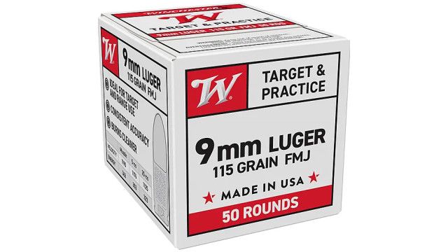 Winchester USA Target & Practice9mm Ammo 115gr FMJ 50rd box - Brass Casing