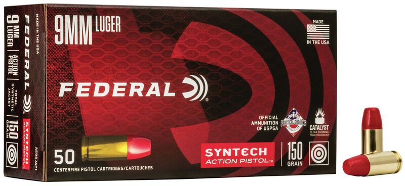 American EagleTotal Syntech Jacket Flat Nose 9mm150grAmmo 50 Round Box - Brass Casing
