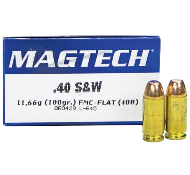 Magtech Range/Training Full Metal Jacket Flat Nose 40 S&W Ammo 180 gr 50 Round Box - Brass Casing
