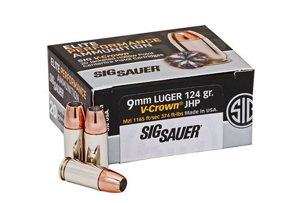 Sig Sauer Elite V-Crown Jacketed Hollow Point 9mm Ammo 124 gr 20 Round Box - Brass Casing