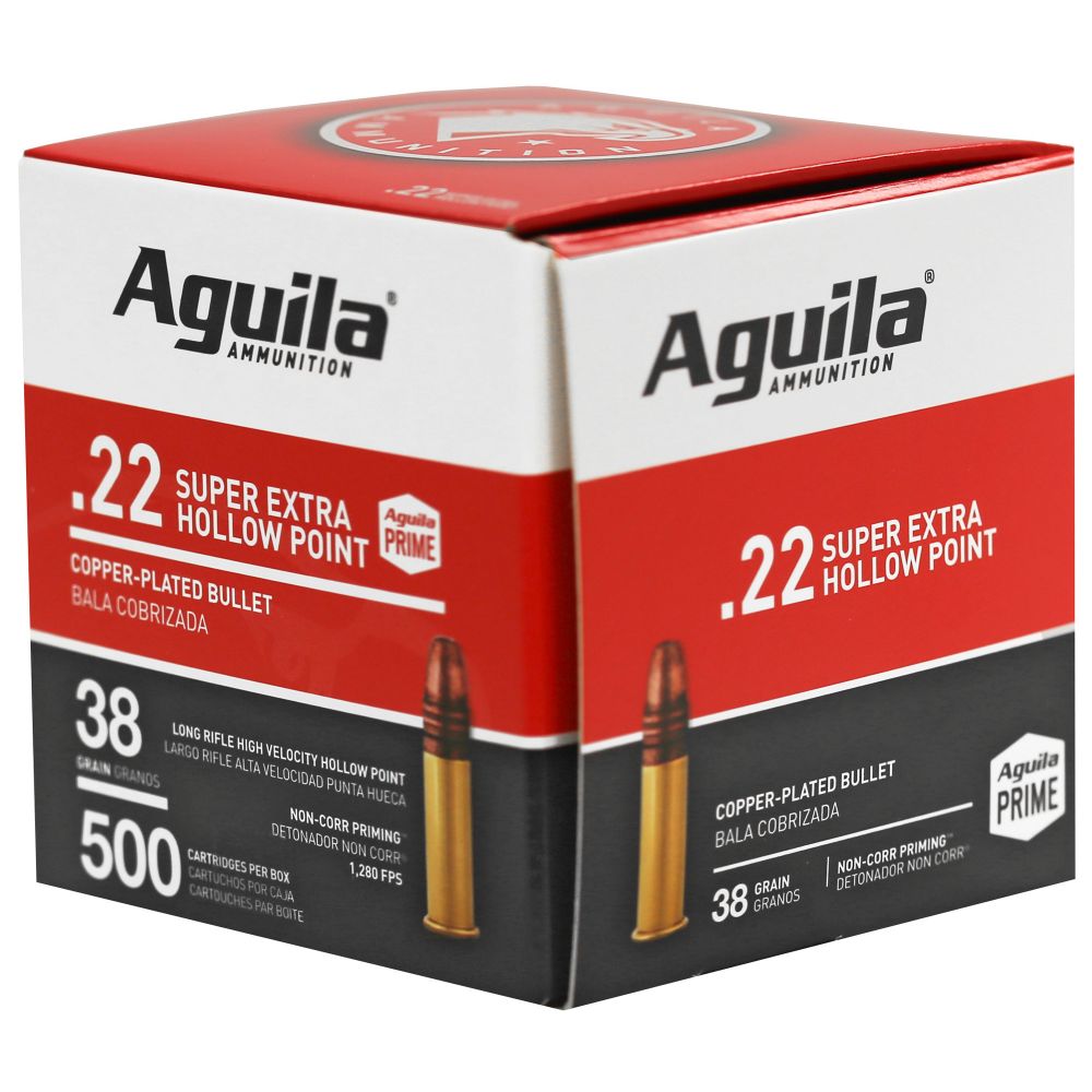 Aguila Super Extra High Velocity 22LR 38gr Copper-Plated Hollow Point 500rd box - Brass Casing