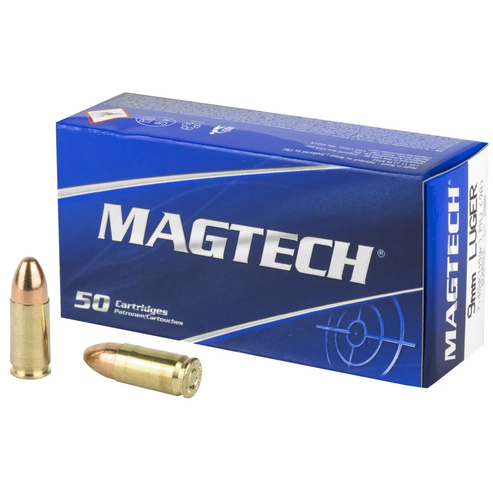 Magtech Range/Training Full Metal Jacket 9mm Ammo 115 gr 50 Round Box - Brass Casing