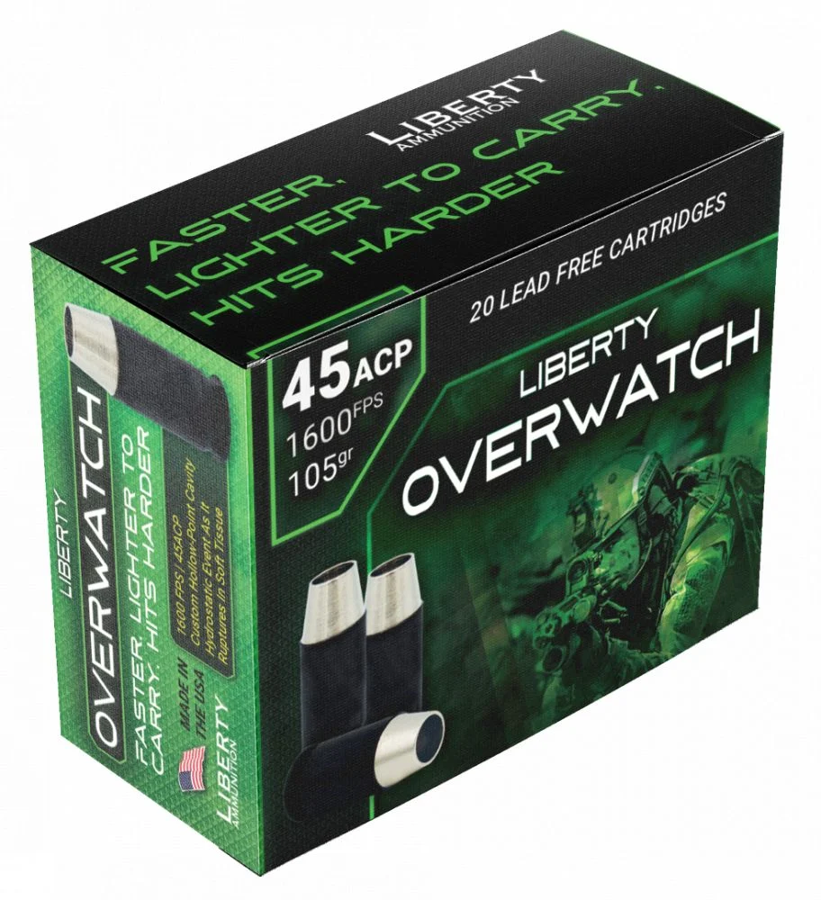 Liberty Overwatch Handgun Ammunition .45 Auto 105gr HP 1600 FPS 20/ct - Nickel Plated Brass Casing