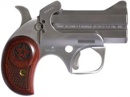 Bond Arms Texas Defender 45 Long Colt Derringer - 2 Rounds | 3" Barrel | Wood Grips | Stainless/Silver | 3-Dot Sights