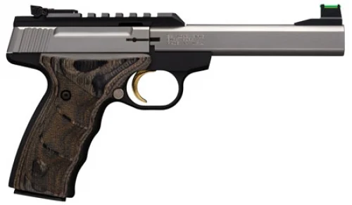Browning Buck Mark Plus Stainless UDX 22LR, 5.5" Barrel, Black Wood Laminate Grips, 10 Rounds - 10+1 Rounds | 5.5" Barrel | Wood Grips | Stainless/Silver