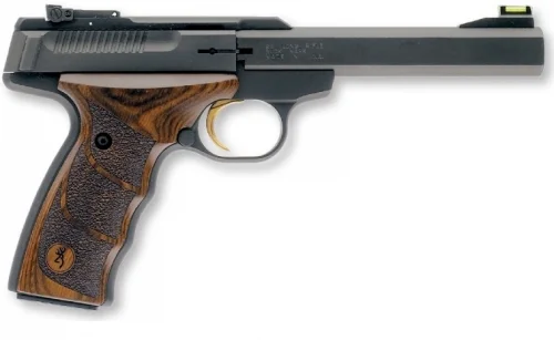 Browning Buck Mark Plus UDX 22 LR, 5.5" Barrel, Finger Groove Laminate Grip, 10 Rounds - 10+1 Rounds | 5.5" Barrel | Wood Grips | Blue/Black | 3-Dot Sights