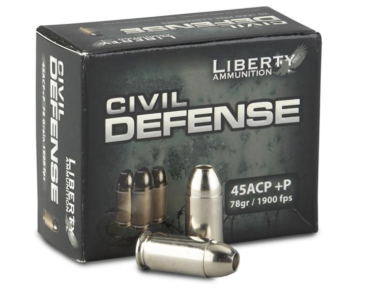Liberty Civil Defense Hollow Point 45 ACP +P Ammo 78 gr 20 Round Box - Nickel Plated Brass Casing