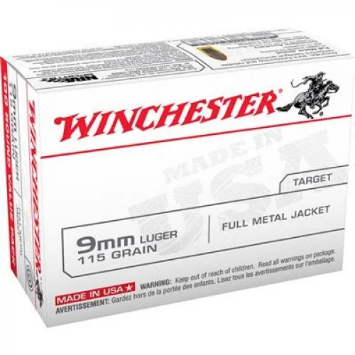 Winchester USA Full Metal Jacket 9mm Ammo 115 gr 100 Round Box - Brass Casing