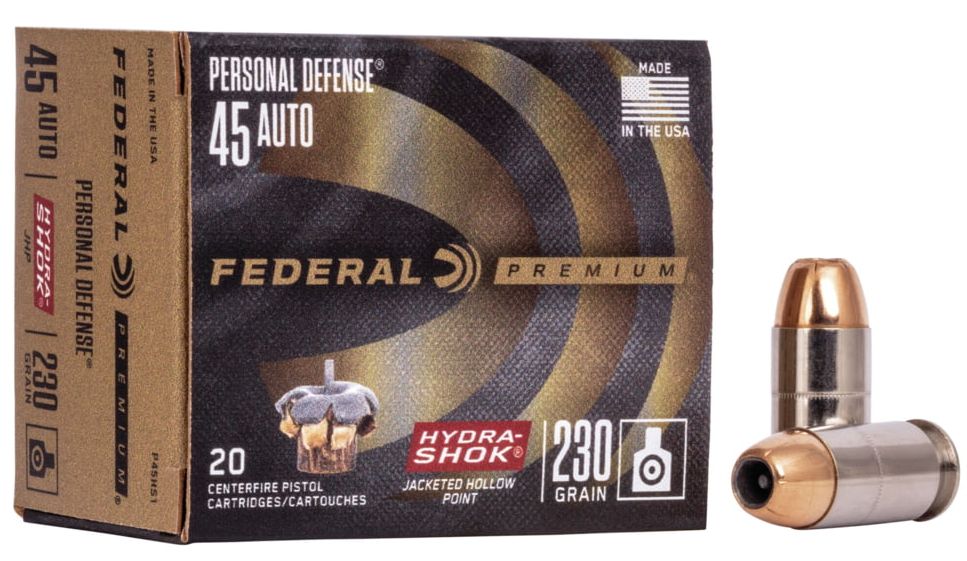 Federal Premium Personal Defense Hydra-Shock Jacketed Hollow Point 45 ACP Ammo 20 Round Box - Nickel Plated Brass Casing