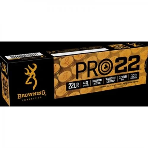 Browning Pro22 Subsonic Velocity Lead Round Nose 22 Long Rifle Ammo 100 Round Box - Brass Casing
